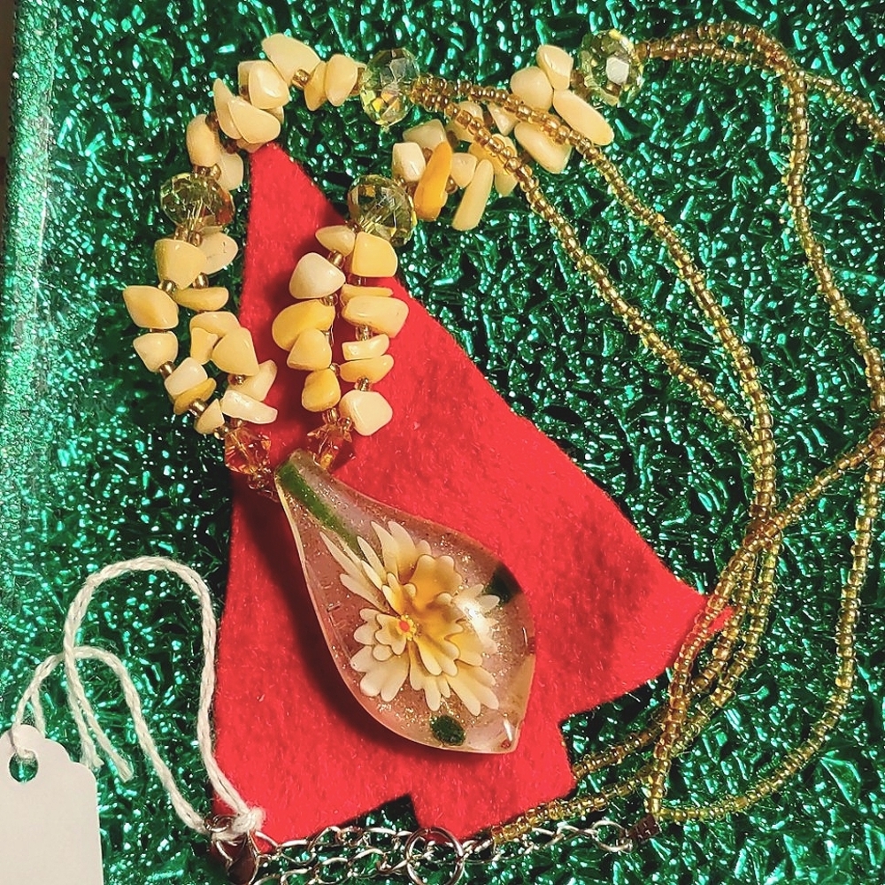 Murano Fused Glass Pendant on Yellow Beaded Necklace - Picture 9 of 14